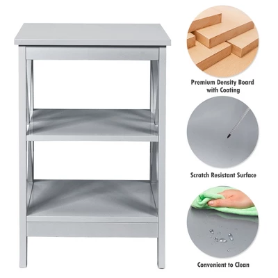 Costway 3-Tier Nightstand End Table X Design Storage Display Shelf Living Room Grey 10 Costway 3-Tier Nightstand End Table X Design Storage Display Shelf Living Room Grey - Image 8