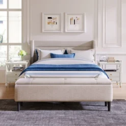 Queen Size Upholstered Wood Storage Platform Bed Frame With Storage Ottoman Bench-ModernLuxe