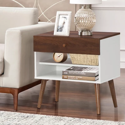 Costway Nightstand End Side Table Drawer Storage Shelf Mid-Century Rubber Wood Leg 4 Costway Nightstand End Side Table Drawer Storage Shelf Mid-Century Rubber Wood Leg - Image 2