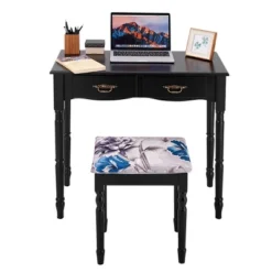 Tangkula Tri Folding Vanity Mirror Makeup Table Set W/4 Drawers & Stool White