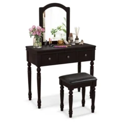 Costway Vanity Table Set Makeup Desk Cushioned Stool 3 Drawer Large Mirror White/Walnut 23 Costway Vanity Table Set Makeup Desk Cushioned Stool 3 Drawer Large Mirror White/Walnut -Bedroom Home Store GUEST 09488c63 7e1b 4f1f abad c0b9ec15d721