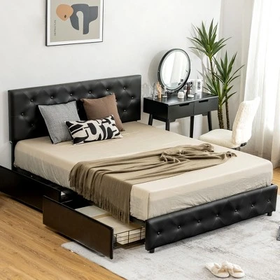 Costway Upholstered Platform Bed W/ 4 Drawers PU Leather Button Tufted Headboard 4 Costway Upholstered Platform Bed W/ 4 Drawers PU Leather Button Tufted Headboard - Image 2