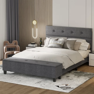 Costway Full Upholstered Bed Frame With Ottoman Storage Linen Button Tufted Headboard 13 Costway Full Upholstered Bed Frame With Ottoman Storage Linen Button Tufted Headboard - Image 11