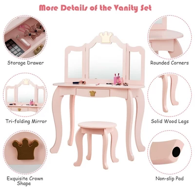 Costway Kids Makeup Dressing Table Chair Set Princess Vanity & Tri-folding Mirror 8 Costway Kids Makeup Dressing Table Chair Set Princess Vanity & Tri-folding Mirror - Image 6