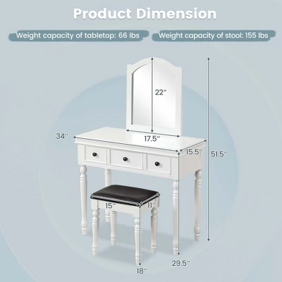 Costway Vanity Table Set Makeup Desk Cushioned Stool 3 Drawer Large Mirror White/Walnut 5 Costway Vanity Table Set Makeup Desk Cushioned Stool 3 Drawer Large Mirror White/Walnut - Image 3