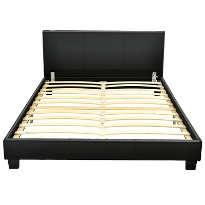 Costway Queen Upholstered Platform Bed Frame With Linen/PU Headboard Wood Slat Gray/Black 10 Costway Queen Upholstered Platform Bed Frame With Linen/PU Headboard Wood Slat Gray/Black - Image 8