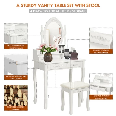 Costway Vanity Wood Makeup Dressing Table Stool 4 Drawers Black/White 6 Costway Vanity Wood Makeup Dressing Table Stool 4 Drawers Black/White - Image 4