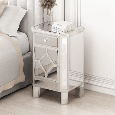 Cierra 25.59'' H X 17.71'' W X 13.78'' D Tall Champagne Mirrored Nightstand End Table With 1 Drawer Accent Nightstand-Maison Boucle 3 Cierra 25.59'' H X 17.71'' W X 13.78'' D Tall Champagne Mirrored Nightstand End Table With 1 Drawer Accent Nightstand-Maison Boucle