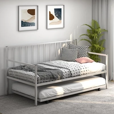Costway Twin Metal Daybed With Roll Out Trundle Heavy Duty Frame Sofa Bed Set 4 Costway Twin Metal Daybed With Roll Out Trundle Heavy Duty Frame Sofa Bed Set - Image 2