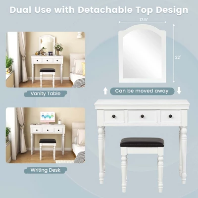 Costway Vanity Table Set Makeup Desk Cushioned Stool 3 Drawer Large Mirror White/Walnut 6 Costway Vanity Table Set Makeup Desk Cushioned Stool 3 Drawer Large Mirror White/Walnut - Image 4