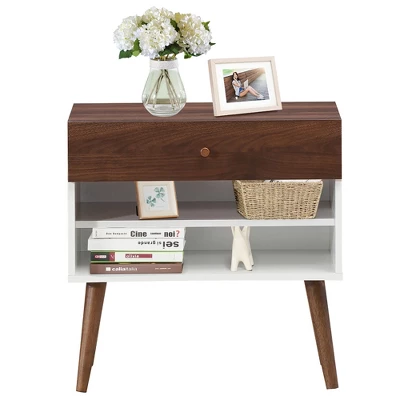 Costway Nightstand End Side Table Drawer Storage Shelf Mid-Century Rubber Wood Leg 9 Costway Nightstand End Side Table Drawer Storage Shelf Mid-Century Rubber Wood Leg - Image 7