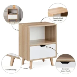 Sweetgo Modern Wooden Bedroom 2-Tier Nightstand End Side Table With Open Shelf, 4 Anti-Slip Rubber Padded Legs, & 1 Storage Drawer, Tan, Set Of 2