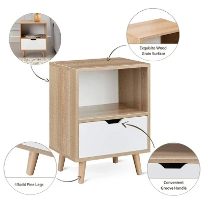 Sweetgo Modern Wooden Bedroom 2-Tier Nightstand End Side Table With Open Shelf, 4 Anti-Slip Rubber Padded Legs, & 1 Storage Drawer, Tan, Set Of 2 3 Sweetgo Modern Wooden Bedroom 2-Tier Nightstand End Side Table With Open Shelf, 4 Anti-Slip Rubber Padded Legs, & 1 Storage Drawer, Tan, Set Of 2