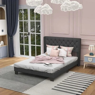 Costway Full/Queen/Twin Size Upholstered Platform Bed Tufted Headboard Mattress Foundation Grey 5 Costway Full/Queen/Twin Size Upholstered Platform Bed Tufted Headboard Mattress Foundation Grey - Image 3