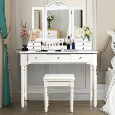 Costway 7 Drawers Vanity Set Dressing Table W/ Tri-Folding Mirror 14 Costway 7 Drawers Vanity Set Dressing Table W/ Tri-Folding Mirror - Image 12