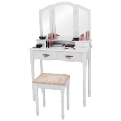 Tangkula Tri Folding Vanity Mirror Makeup Table Set W/4 Drawers & Stool White 13 Tangkula Tri Folding Vanity Mirror Makeup Table Set W/4 Drawers & Stool White -Bedroom Home Store GUEST 2ebae3dc 24dd 4b74 86da 788ca9b1a02c