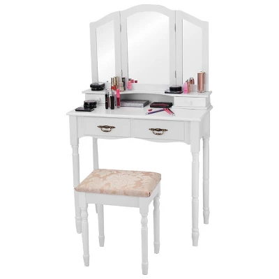 Tangkula Tri Folding Vanity Mirror Makeup Table Set W/4 Drawers & Stool White 8 Tangkula Tri Folding Vanity Mirror Makeup Table Set W/4 Drawers & Stool White - Image 6