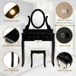 Costway Vanity Set Makeup Dressing Table W/5 Drawers 12 LED Bulb Black 18 Costway Vanity Set Makeup Dressing Table W/5 Drawers 12 LED Bulb Black -Bedroom Home Store GUEST 304f9a5c b1ba 4175 9247 2bf4b1aade89