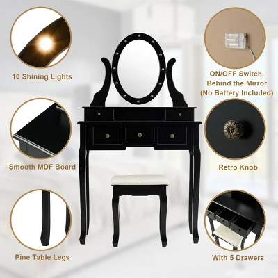 Costway Vanity Set Makeup Dressing Table W/5 Drawers 12 LED Bulb Black 10 Costway Vanity Set Makeup Dressing Table W/5 Drawers 12 LED Bulb Black - Image 8