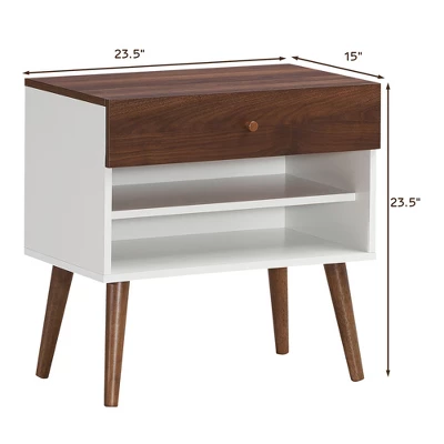 Costway Nightstand End Side Table Drawer Storage Shelf Mid-Century Rubber Wood Leg 3 Costway Nightstand End Side Table Drawer Storage Shelf Mid-Century Rubber Wood Leg