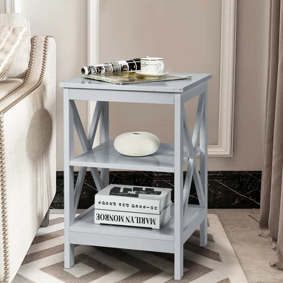 Costway 3-Tier Nightstand End Table X Design Storage Display Shelf Living Room Grey 4 Costway 3-Tier Nightstand End Table X Design Storage Display Shelf Living Room Grey - Image 2