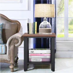 Tangkula 2 PCS Industrial Coffee End Table Bedside Nightstand W/ Shelf Black/Silver