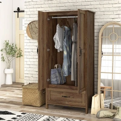 Nurembo 1 Drawer Wardrobe Closet Distressed Walnut - HOMES: Inside + Out 5 Nurembo 1 Drawer Wardrobe Closet Distressed Walnut - HOMES: Inside + Out - Image 3