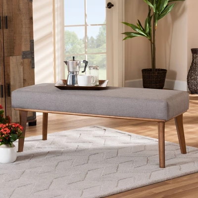 Odessa Mid-Century Modern Fabric Upholstered Wood Dining Bench Walnut/Brown - Baxton Studio 6 Odessa Mid-Century Modern Fabric Upholstered Wood Dining Bench Walnut/Brown - Baxton Studio - Image 4