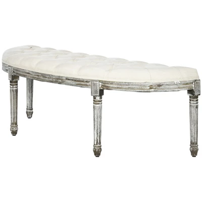 HOMCOM Vintage Semi-Circle Hallway Bench Tufted Upholstered Velvet-Touch Fabric Accent Seat With Rubberwood Legs, Off White 5 HOMCOM Vintage Semi-Circle Hallway Bench Tufted Upholstered Velvet-Touch Fabric Accent Seat With Rubberwood Legs, Off White - Image 3