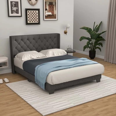Costway Full/Queen/Twin Size Upholstered Platform Bed Tufted Headboard Mattress Foundation Grey 12 Costway Full/Queen/Twin Size Upholstered Platform Bed Tufted Headboard Mattress Foundation Grey - Image 10