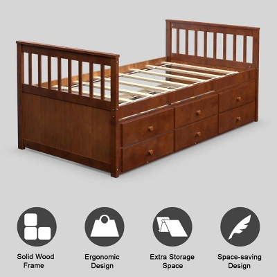 Costway Twin Captain's Bed Bunk Bed Alternative W/ Trundle & Drawers For Kids WalnutEspressoWhite 7 Costway Twin Captain's Bed Bunk Bed Alternative W/ Trundle & Drawers For Kids WalnutEspressoWhite - Image 5