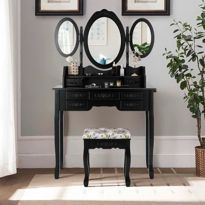 Tangkula Tri-Folding Mirror Vanity Makeup Set Dressing Table & Stool Unit W/ 7 Drawer 3 Tangkula Tri-Folding Mirror Vanity Makeup Set Dressing Table & Stool Unit W/ 7 Drawer