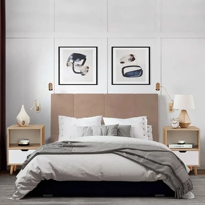 Sweetgo Modern Wooden Bedroom 2-Tier Nightstand End Side Table With Open Shelf, 4 Anti-Slip Rubber Padded Legs, & 1 Storage Drawer, Tan, Set Of 2 6 Sweetgo Modern Wooden Bedroom 2-Tier Nightstand End Side Table With Open Shelf, 4 Anti-Slip Rubber Padded Legs, & 1 Storage Drawer, Tan, Set Of 2 - Image 4