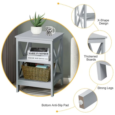 Costway 3-Tier Nightstand End Table X Design Storage Display Shelf Living Room Grey 11 Costway 3-Tier Nightstand End Table X Design Storage Display Shelf Living Room Grey - Image 9