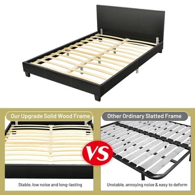 Costway Queen Upholstered Platform Bed Frame With Linen/PU Headboard Wood Slat Gray/Black 8 Costway Queen Upholstered Platform Bed Frame With Linen/PU Headboard Wood Slat Gray/Black - Image 6