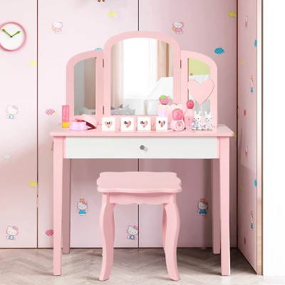 Costway Kids Vanity Set Princess Makeup Dressing Play Table Set W/Mirror White Pink 11 Costway Kids Vanity Set Princess Makeup Dressing Play Table Set W/Mirror White Pink - Image 9