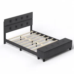Costway Full Upholstered Bed Frame With Ottoman Storage Linen Button Tufted Headboard