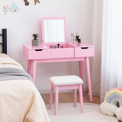 Costway Vanity Table Set W/ Flip Top Mirror Drawers 9 Dividers Makeup Writing Desk 3 Costway Vanity Table Set W/ Flip Top Mirror Drawers 9 Dividers Makeup Writing Desk