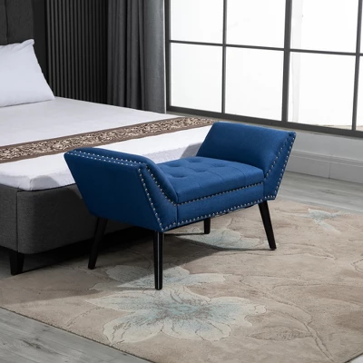 HOMCOM Modern Button Tufted Sitting Bench, Accent Fabric Upholstered Ottoman For Bedroom Or Living Room, Blue 4 HOMCOM Modern Button Tufted Sitting Bench, Accent Fabric Upholstered Ottoman For Bedroom Or Living Room, Blue - Image 2
