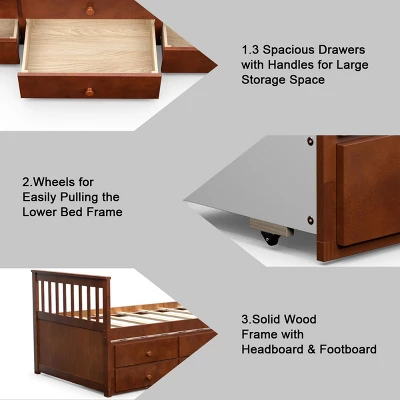 Costway Twin Captain's Bed Bunk Bed Alternative W/ Trundle & Drawers For Kids WalnutEspressoWhite 9 Costway Twin Captain's Bed Bunk Bed Alternative W/ Trundle & Drawers For Kids WalnutEspressoWhite - Image 7