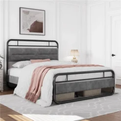Yaheetech Metal Platform Bed Frame With Velvet Upholstered Headboard