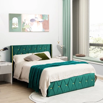 Costway Upholstered Platform Bed Frame Adjustable Headboard Footboard Modern Green 6 Costway Upholstered Platform Bed Frame Adjustable Headboard Footboard Modern Green - Image 4