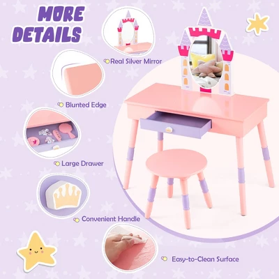 Costway Kids Vanity Set Princess Makeup Pretend Play Dressing Mirror Castle Girls Pink 6 Costway Kids Vanity Set Princess Makeup Pretend Play Dressing Mirror Castle Girls Pink - Image 4