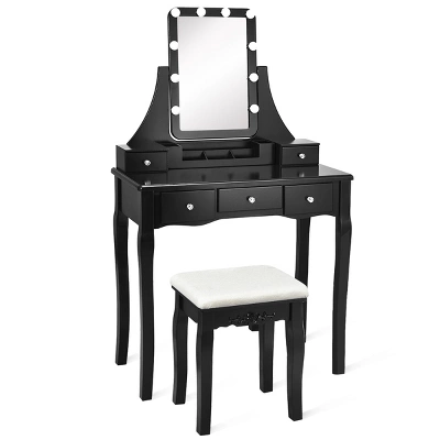 Tangkula LED Vanity Table Makeup Dresser Desk W/Drawers &Cushioned Stool Black/Brown/White 13 Tangkula LED Vanity Table Makeup Dresser Desk W/Drawers &Cushioned Stool Black/Brown/White - Image 11