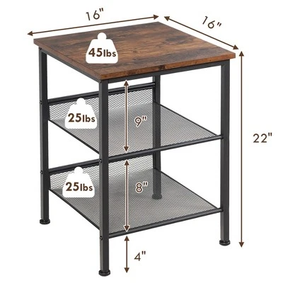 Costway Set Of 2 3-Tier Industrial End Side Table Nightstand W/2 Adjustable Shelves 4 Costway Set Of 2 3-Tier Industrial End Side Table Nightstand W/2 Adjustable Shelves - Image 2