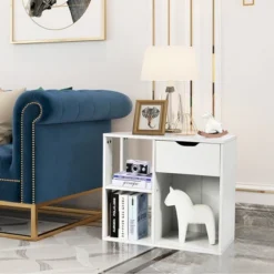 Costway 3-tier Side Table W/Storage Shelf&Drawer Space-saving Nightstand White