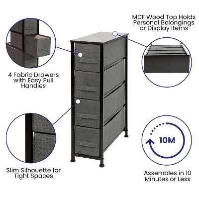 Flash Furniture 4 Drawer Slim Wood Top Cast Iron Frame Vertical Storage Dresser With Easy Pull Fabric Drawers 4 Flash Furniture 4 Drawer Slim Wood Top Cast Iron Frame Vertical Storage Dresser With Easy Pull Fabric Drawers - Image 2