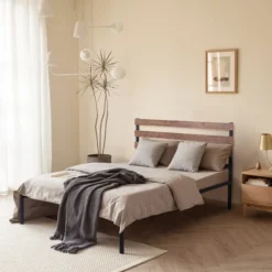 Costway Twin Size Metal Platform Bed Frame Mattress Foundation Wooden Headboard