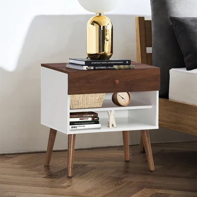 Costway Nightstand End Side Table Drawer Storage Shelf Mid-Century Rubber Wood Leg 5 Costway Nightstand End Side Table Drawer Storage Shelf Mid-Century Rubber Wood Leg - Image 3