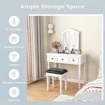 Costway Vanity Table Set Makeup Desk Cushioned Stool 3 Drawer Large Mirror White/Walnut 7 Costway Vanity Table Set Makeup Desk Cushioned Stool 3 Drawer Large Mirror White/Walnut - Image 5